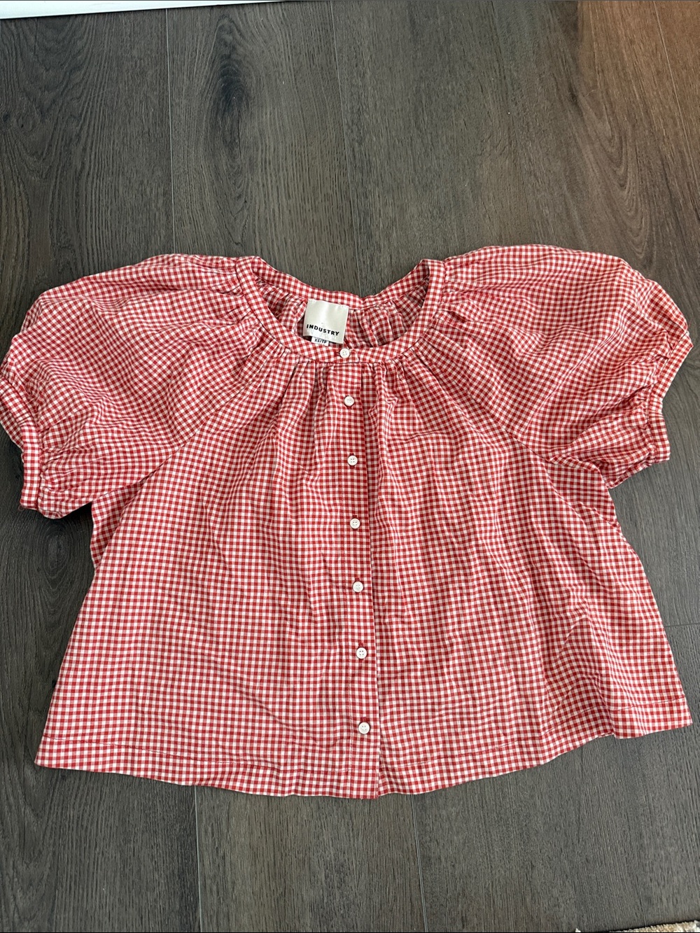 Smocked Yoke Gingham Button-Front Top in Red